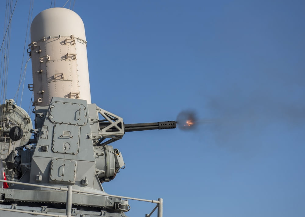 USS San Jacinto fires a close-in weapons system during a live-fire exercise Canvas Art - Stocktrek Images (33 x 24)