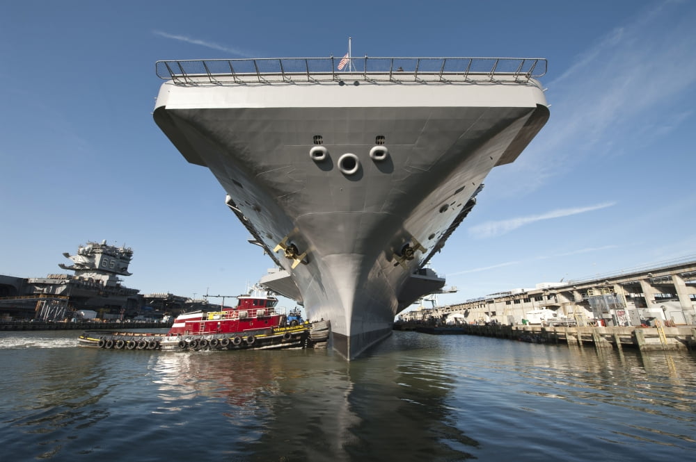 USS Theodore Roosevelt pulls out of Newport News Shipyard Canvas Art - Stocktrek Images (35 x 23)