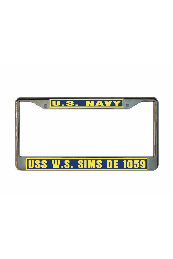 USS W S SIMS DE 1059 License Plate Frame Gold Chrome Metal Military Navy USN Car Truck RV F001