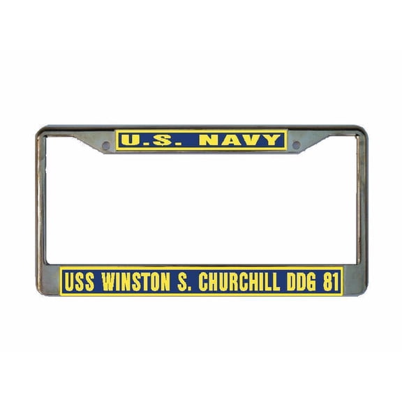 USS WINSTON S CHURCHILL DDG 81 License Plate Frame Gold Chrome Metal Military Navy USN Car Truck RV F001