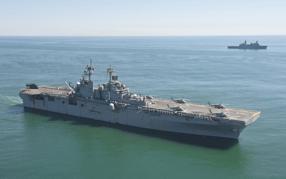 USS Wasp and USS San Antonio transit in formation in the Atlantic Ocean Canvas Art - Stocktrek Images (35 x 22)