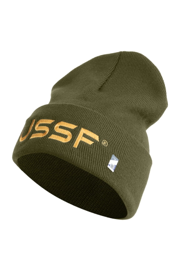 USSF Gold Letter Logo Embroidered 12 Inch Solid Knit Cuff Long Beanie Made in USA - Olive OSFM