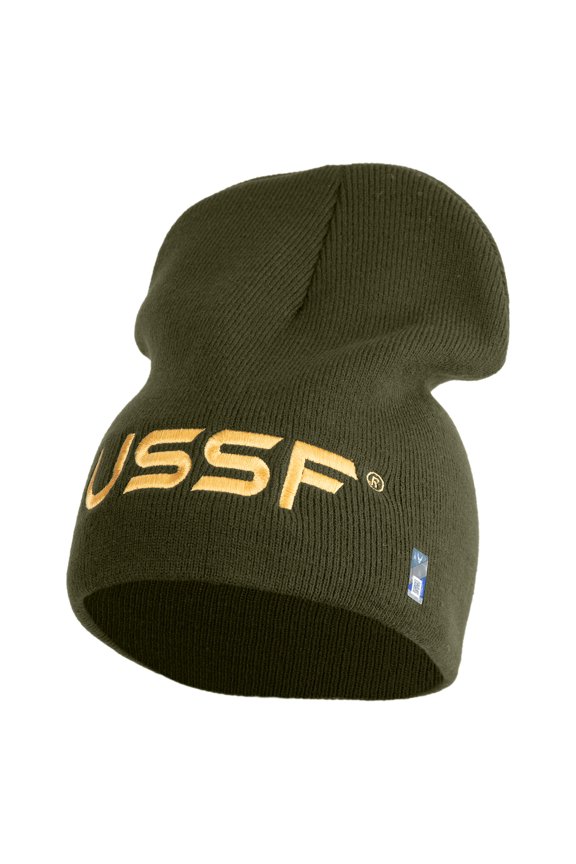 USSF Gold Letter Symbol Embroidered 8 Inch Solid Knit Short Beanie Made in USA - Olive OSFM