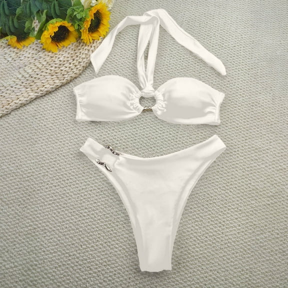 USSUMA Bathing Suit for Women Solid Color Bikini Bathing Suit Halter Breathable Women's Swimsuits for Beach Black,Blue,White,Red,Brown,Green