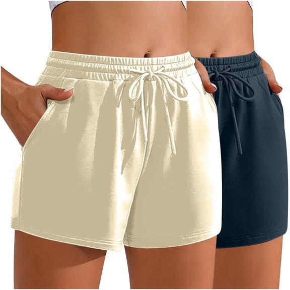 USSUMA 2‑Pack Womens Solid Drawstring Pocket Casual Sports Shorts Elastic Waist Pull‑On Breathable Quick‑Dry Fabric Comfortable for Workout Yoga Running and Everyday Wear, 2‑Pack, Activewear