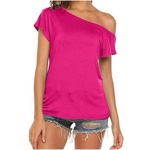 USSUMA 2024 Women's Casual Off Shoulder Tops Short Sleeve T Loose Summer Blouse Shirt for Indoor/Outdoor Pink L
