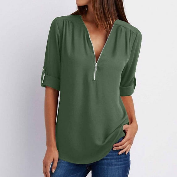 USSUMA 2024 Womens Tops Dressy Casual Casual Quarter Zipper Plus Size Lightweight Chiffon Shirts Short Sleeve V-Neck Tops Solid Summer Blouse Summer Clearance Army Green XXXXXL