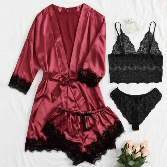 USSUMA 2025 Womens Underwear Lingerie for Women Women Lace Satin Wireless Bra Camisole Shorts Pajamas Robe Four Piece Set Wine L