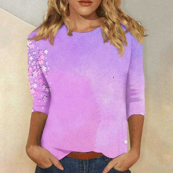 USSUMA 3/4 Sleeve Women Tops Dressy Casual Comfy Loose Cute Trendy T-Shirt Shirts Floral Printed Tunics Top Plus Size for Women Round Neck Fall Female Blouse Long Sleeve