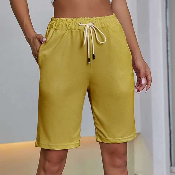 USSUMA Up to 45% off Athletic Shorts for Women Solid Color Bermuda Drawstring Mid Waist Straight Casual Sports Fashion Shorts Half Shorts Drawstring Slim Fit Womens Shorts for Party Yellow S
