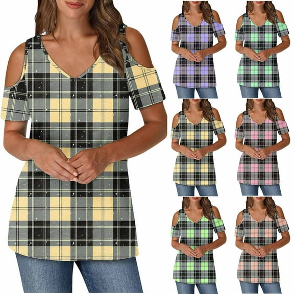 USSUMA Up to 45% Off Workout Tops for Women Short Sleeve V Neck Plaid Checkered Loose Tunic Pullover Tshirt Off Shoulder Shirt Tops Active Loose Fit Womens Fashion for Go Shopping Pink S