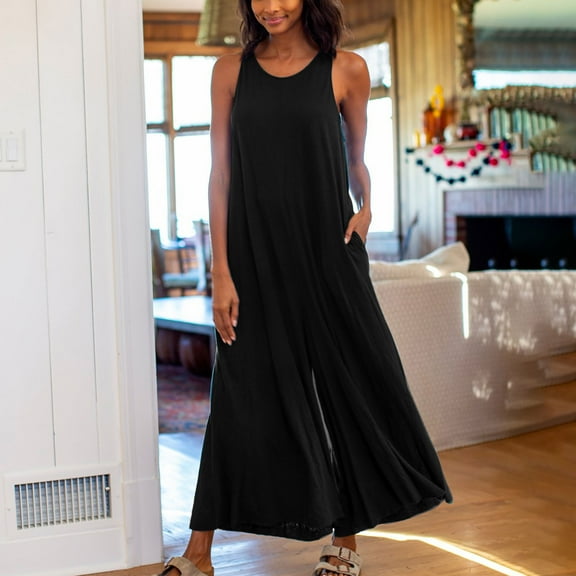 USSUMA 50% off Clear Biker Shorts Women Solid Color Pull-on Loose Casual Crew Neck Sleeveless Wide Leg Skirt Shorts Comfortable Shorts Jumpsuit Skinny Fit Flowy Shorts for Club Black M