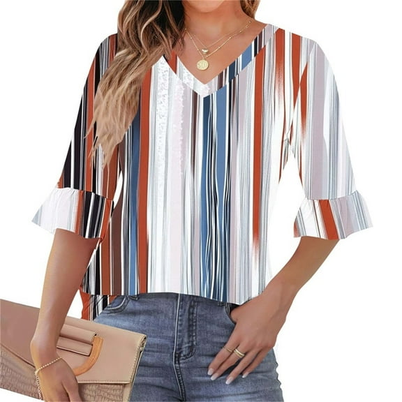 USSUMA 50% Off Clear Plus Size Tops for Women 3/4 Sleeve V Neck Prints Fashion Loose Tunic Pullover Tops Casual Ruffle Tee Tops Trendy Classic Fit Summer Tops for Beach White S