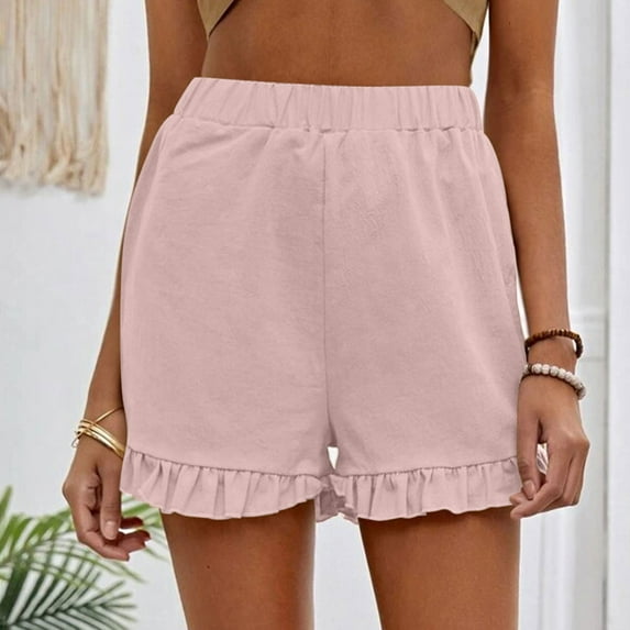 USSUMA 50% off Clear Running Shorts for Women Solid Color Elastic Band Simple And Comfy Ruffle Hem Shorts Casual High Waist Comfortable Short Pants Wide Legs Oversized Fit Shorts for Street Pink Xl
