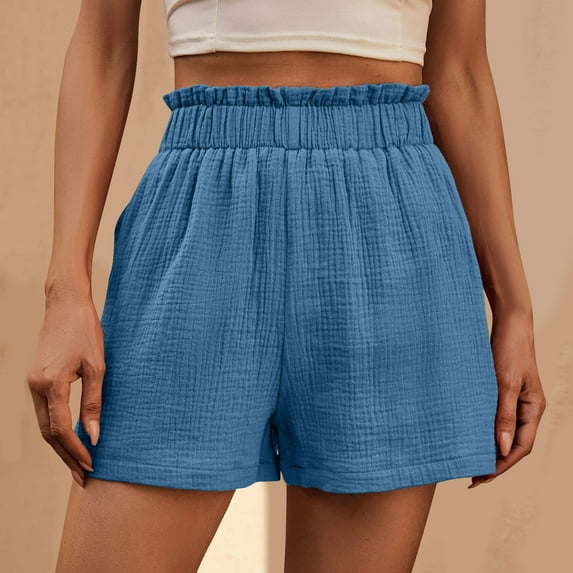 USSUMA Up to 50% off Womens Shorts Casual Solid Color Bermuda Pull-on Ribbed High Waist Wide Leg Leisure with Pocket Loose Flowy Short Pants Regular Fit Flowy Shorts for Go Shopping Sky Blue M