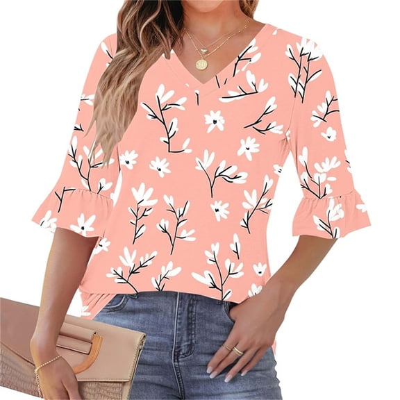 USSUMA Up to 65% Off Workout Tops for Women 3/4 Sleeve V Neck Floral Prints Loose Tunic Pullover Tshirt Casual Ruffle Blouse Tops Lightweight Loose Fit Women Clothing for Work Pink S