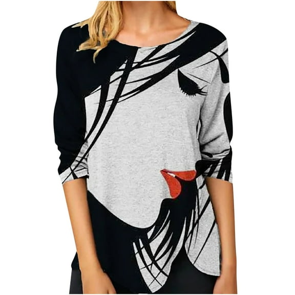 USSUMA Abstract Face Print Womens Blouses and Tops Dressy Long Sleeve Female Tops Casual Plus Size Long Henley T-Shirts Shirt for Women Trendy Round Neck Tunics Fall Long Sleeve Plus