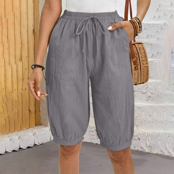 USSUMA Athletic Shorts for Women Solid Color Flat Front Drawstring Summer Loose Mid Waist Elastic Casual Comfy Short Pants Straight Pants Half Shorts Linen Loose Fit Shorts for Women Gray M