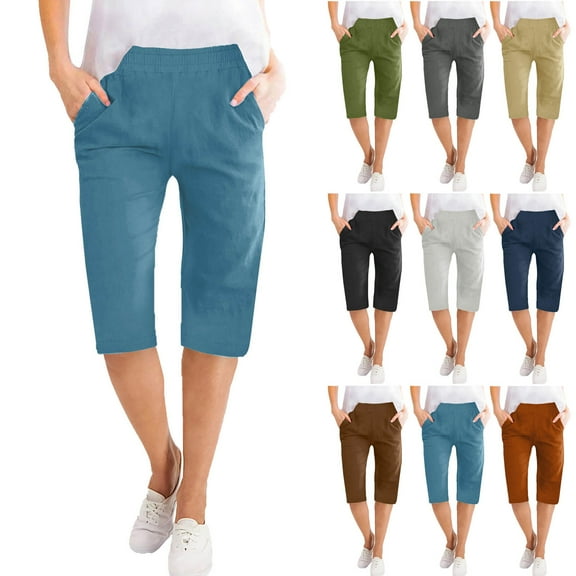 USSUMA Athletic Shorts for Women Solid Color Pull-on Elastic Waist Casual with Pocket Delightful Shorts Straight Pants Half Shorts Linen Wide Legs Loose Fit Womens Shorts for Work Black L