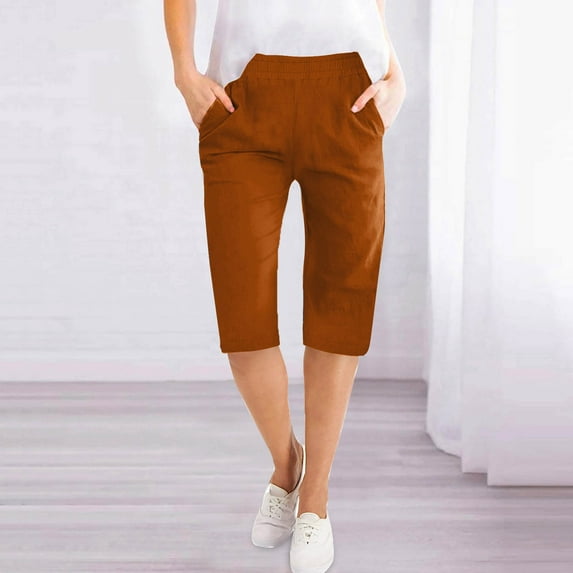 USSUMA Athletic Shorts for Women Solid Color Pull-on Elastic Waist Casual with Pocket Quick Dry Shorts Straight Pants Half Shorts Linen Wide Legs Classic Fit Summer Shorts for Camping Coffee S