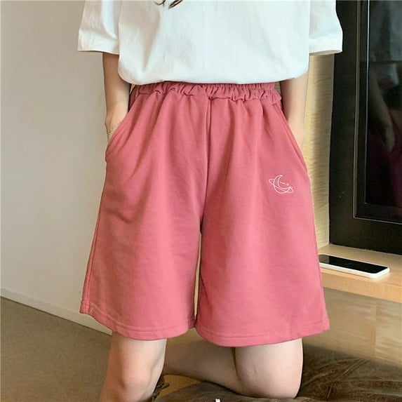 USSUMA Athletic Shorts for Women Solid Color Pull-on Loose Elastic Mid Waist Embroidered Plus Size Shorts with Pocket BreAthable Shorts Wide Legs Oversized Fit Shorts for Meeting Pink L
