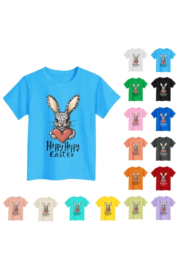 Baby Girl Clothes Round Neck Short Sleeve Easter Bunny Prints Pullover Blouse Tops Casual T-Shirt Fashion Preppy Clothes for Casual Blue 140 s