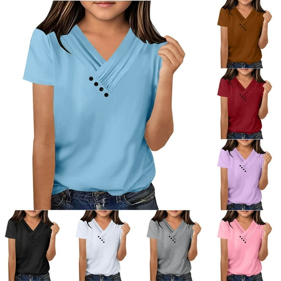 USSUMA Baby Girl Clothes V Neck Short Sleeve Solid Color Loose Fashion Simple Blouse Tops Casual Tops Casual Clothes for Girls for Casual Purple 11-12 Years up to 50% Off