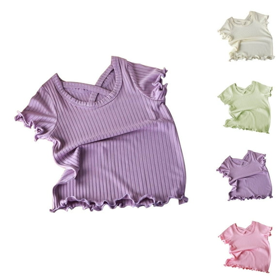 USSUMA Baby Girls' Clothing Round Neck Short Sleeve Solid Color Ruffle Ribbed Loose Ice Silk Tee Tops Summer Fashion Tee Tops Comfy Clothes for Girls for Casual Green 2 Years up to 45% Off