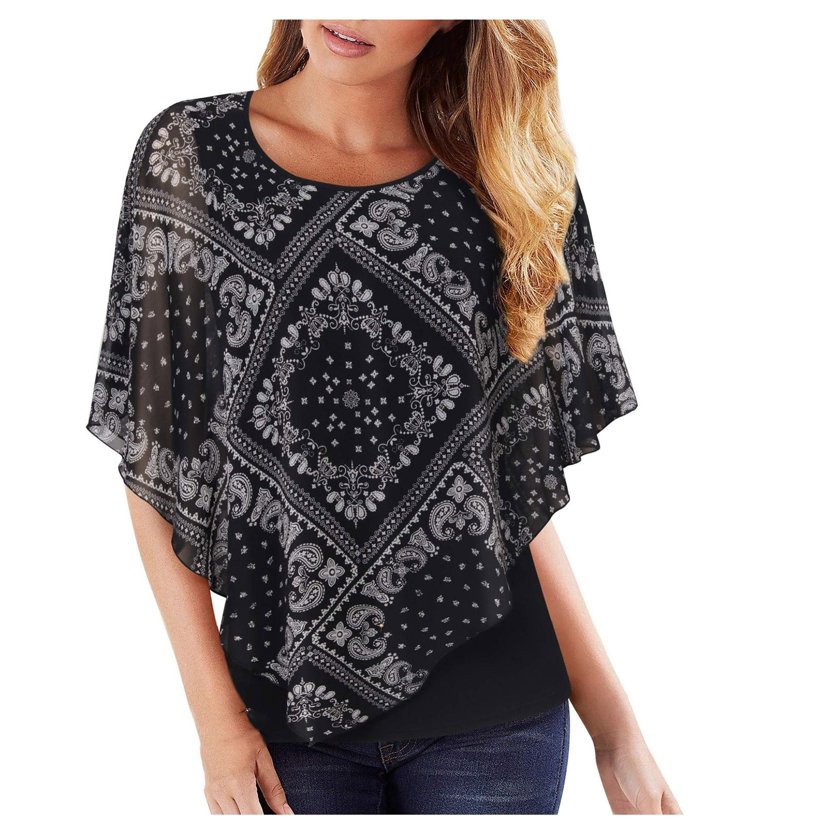 USSUMA Batwing Sleeve Double Layered Poncho Flowy Summer Tops for Women 2022 Trendy Floral Print Womens Tunic Tops Round Neck Basic Shirts Tees 3 4