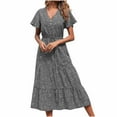 thumbnail image 1 of USSUMA Beach Dresses for Women Casual Summer Bohemian A-Line Flowy Smocked Long Maxi Sun Dress Floral Print Short Sleeve Plus Sundresses V Neck Vacation Dress Wedding Guest, 1 of 8