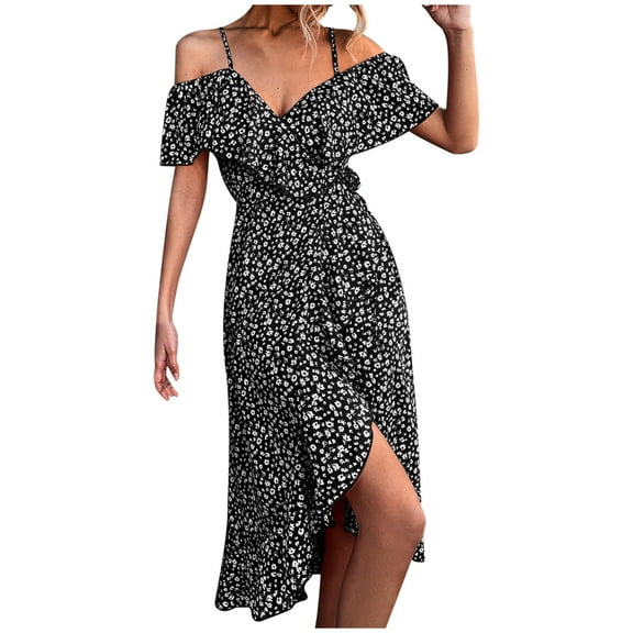 USSUMA Beach Dresses for Women Casual Summer Bohemian Ruffle Wrap Flowy Swing Midi Sun Dress Floral Print Short Sleeve Plus Sundresses V Neck Vacation Dress Wedding Guest