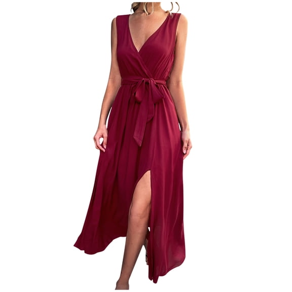 USSUMA Beach Dresses for Women Casual Summer High Slit Loose Flowy Maxi Long Sun Dress Solid Sleeveless Plus Sundresses V Neck Vacation Dress Wedding Guest