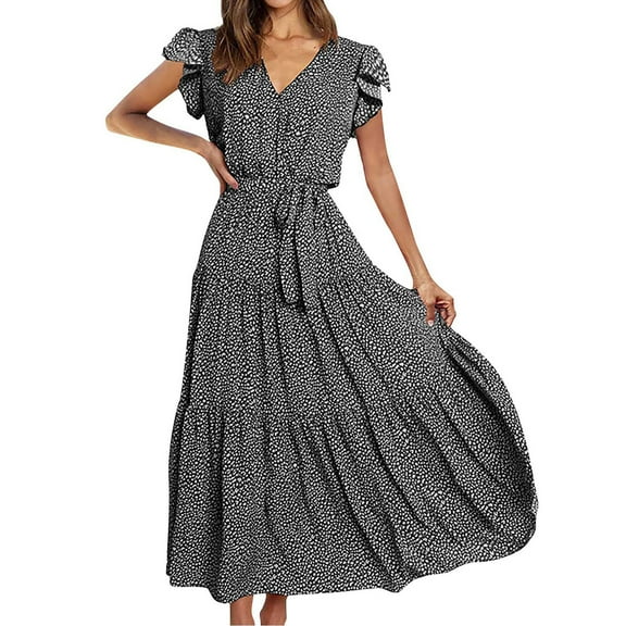 USSUMA Beach Dresses for Women Casual Summer Pleated Flowy Swing Maxi Long Sun Dress Floral Print Short Sleeve Plus Sundresses V Neck Vacation Dress Wedding Guest