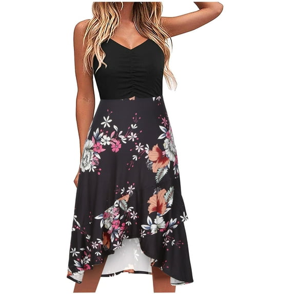 USSUMA Beach Dresses for Women Casual Summer Pleated Flowy Swing Midi Sun Dress Floral Print Sleeveless Plus Sundresses V Neck Vacation Dress Wedding Guest