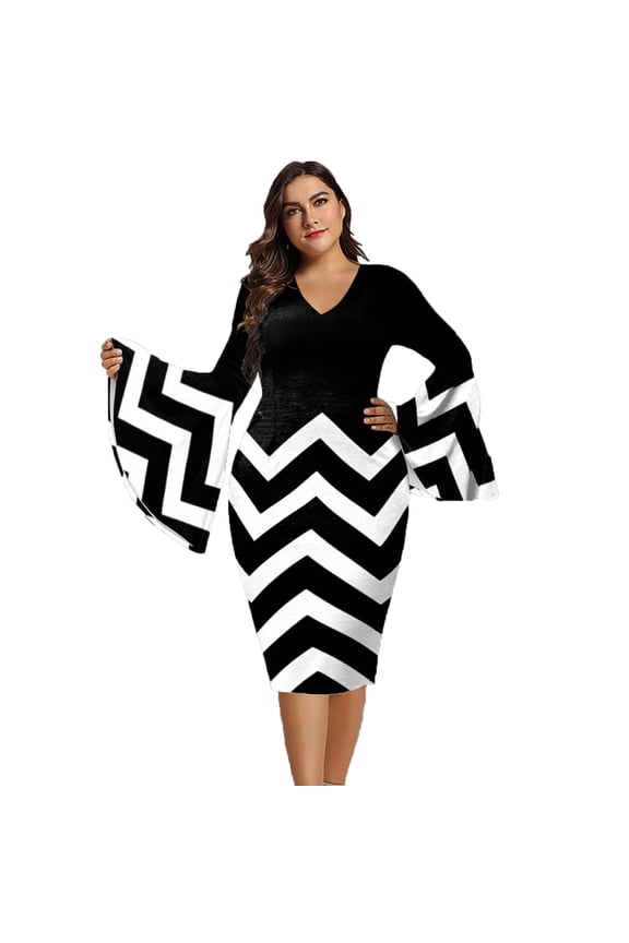 Beach Dresses for Women Casual Summer Plus Size Midi Pencil Bodycon Sun Dress Color Block Patchwork Long Sleeve Plus Sundresses V Neck Vacation Dress Wedding Guest