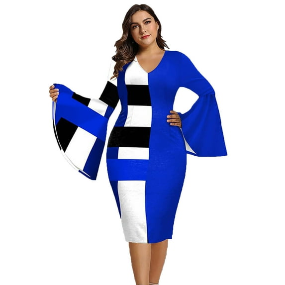 USSUMA Beach Dresses for Women Casual Summer Plus Size Midi Pencil Bodycon Sun Dress Color Block Patchwork Long Sleeve Plus Sundresses V Neck Vacation Dress Wedding Guest