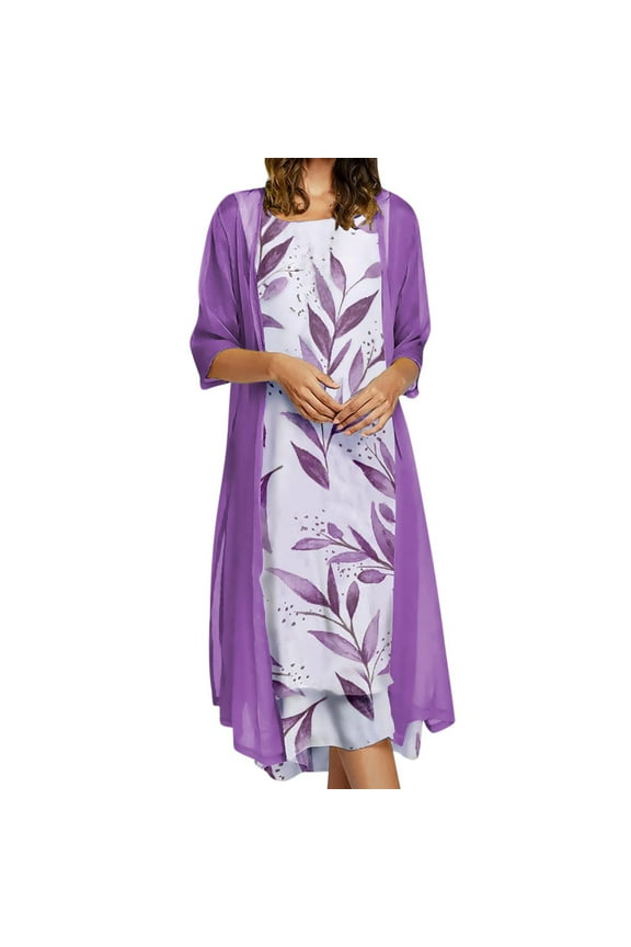 Summer 2 Piece Dress Outfits for Women Leaves Print Sleeveless Tank Maxi Dress with Long Jacket Two Piece Sets