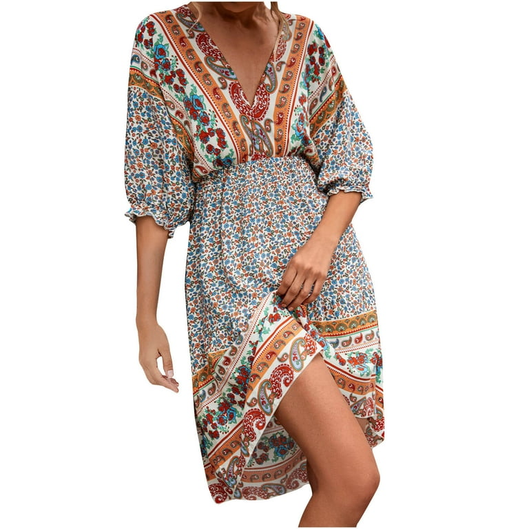 Bandage Print V neck 3/4 Sleeve Mini Vacation Dresses Bandage Print V neck 3/4 Sleeve Mini Vacation Dresses
