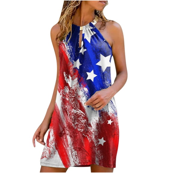 USSUMA Beach Dresses for Women Casual Summer, Women's 4th of July American Flag Sleeveless Halter Neck Tank Dress Summer Boho T-Shirts Dress Beach Mini Sun Dresses