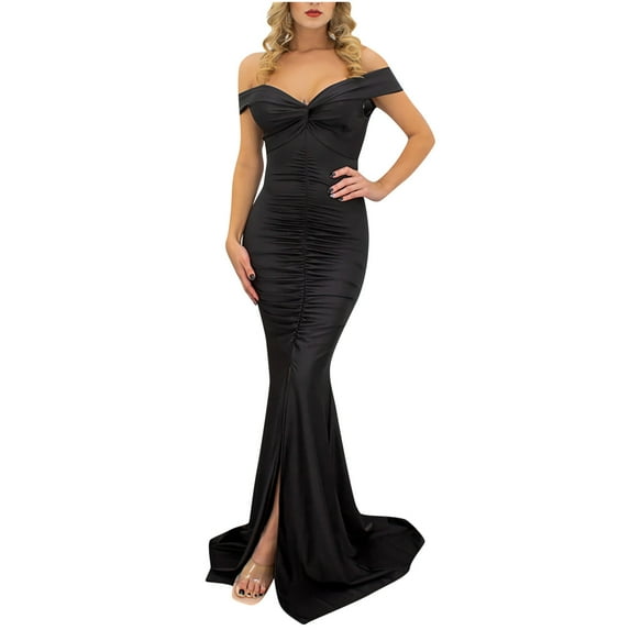 USSUMA Beach Dresses for Women Casual Summer,Women's Formal Evening Maxi Dress Elegant V Neck Backless Off Shoulder Pleated High Split Gown Cocktail Party Long Dress