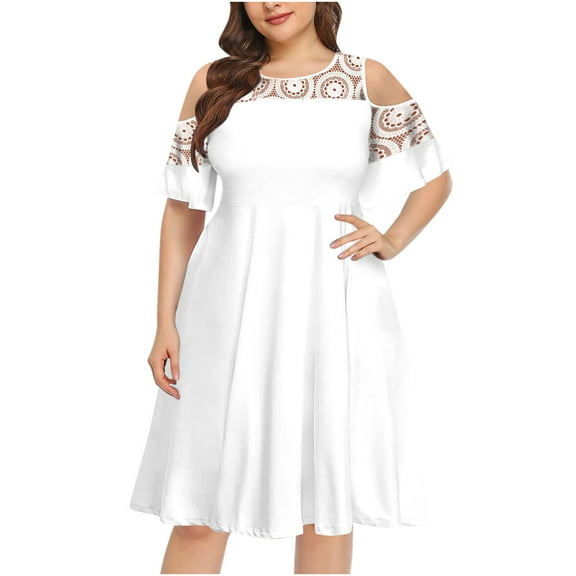 USSUMA Beach Dresses for Women Casual Summer,Women's Plus Size Cold Shoulder Knee-Length Dresses Elegant Mesh Neck Casual Dress Short Sleeve Summer Flowy Swing Sundress