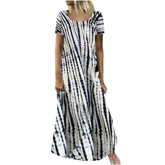 USSUMA Beach Dresses for Women Casual Summer Flowy Swing Long Maxi Sun Dress Tie-Dye Print Short Sleeve Plus Round Neck Vacation Dress Wedding Guest