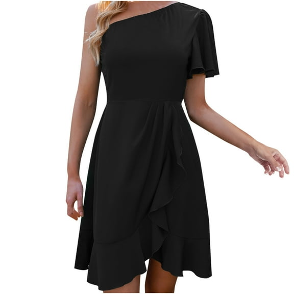 USSUMA Beach Dresses for Women Casual Summer,Women Summer Sexy One Shoulder Mini Dresses Ruffle Ruched Wrap Party Cocktail Dress