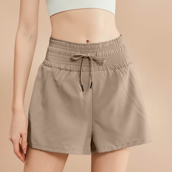 USSUMA Bermuda Shorts for Women Solid Color Loose BreAthable Quick Dry Elastic Skinny Split Hem Gym Shorts Lounging with Pocket Sports Lightweight Short Pants Fitness Running Womens Shorts Khaki S