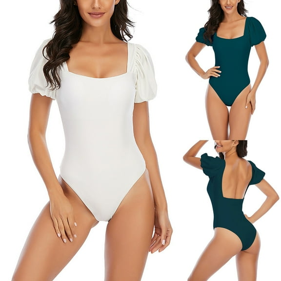 USSUMA Bestselling Swimsuit Solid Color One Piece Swimsuit Puff Sleeve Backless Swimsuit Dressy Casual Womens Fashion for Beach Green up to 65% off