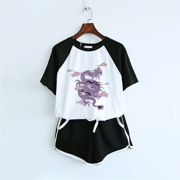 USSUMA Biker Shorts Women Animal Prints Drop Sleeves Set Short Sleeve Crew Neck T Shirt Drawstring Shorts with Pocket Leisure Split Loose Flowy Shorts Suit Athletic Fit Shorts for Women Black Xxl