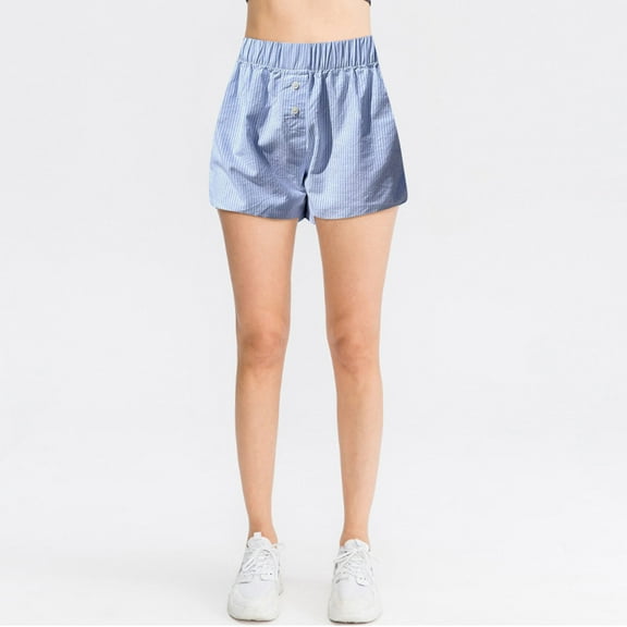 USSUMA Biker Shorts Women Pull-on Stripe Prints Elastic Mid Waist Shorts with Button Casual Beach Shorts Striped Lightweight Shorts Wide Legs Tailored Fit Womens Shorts for Meeting Blue S