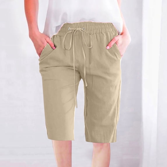 USSUMA Biker Shorts Women Solid Color Bermuda Drawstring Summer Fashion Elastic Waist Casual with Pocket Trendy Shorts Straight Pants Half Shorts Drawstring Linen Wide Legs Summer Shorts Beige S