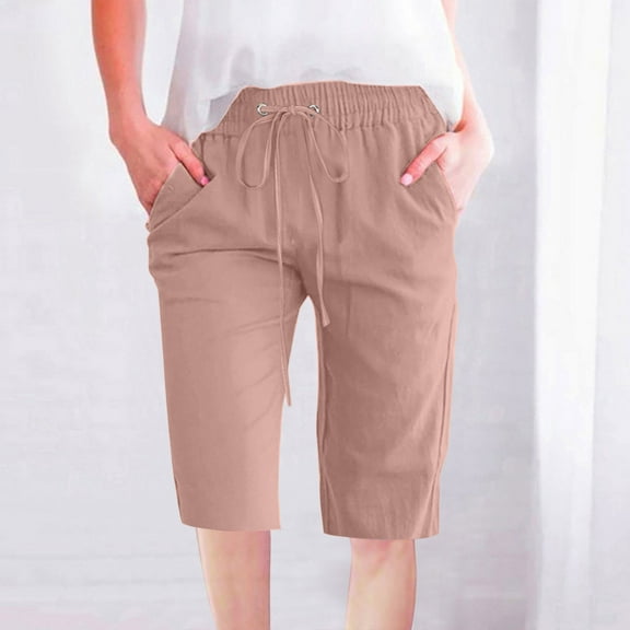 USSUMA Biker Shorts Women Solid Color Bermuda Drawstring Summer Fashion Elastic Waist Lounge with Pocket Soft Shorts Straight Pants Half Shorts Drawstring Linen Wide Legs Flowy Shorts Rose Gold M
