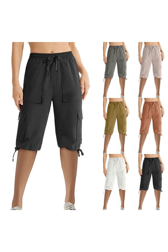 Biker Shorts Women Solid Color Drawstring Summer Fashion Elastic Waist Casual with Pocket Cargo Shorts Athletic Short Pants Straight Pants Half Shorts Wide Legs Summer Shorts Beige L